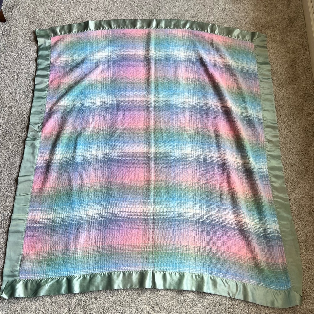 Vintage Faribo Baby Blanket Satin Trim 56" x 48" Pastel Plaid Crib Woven USA